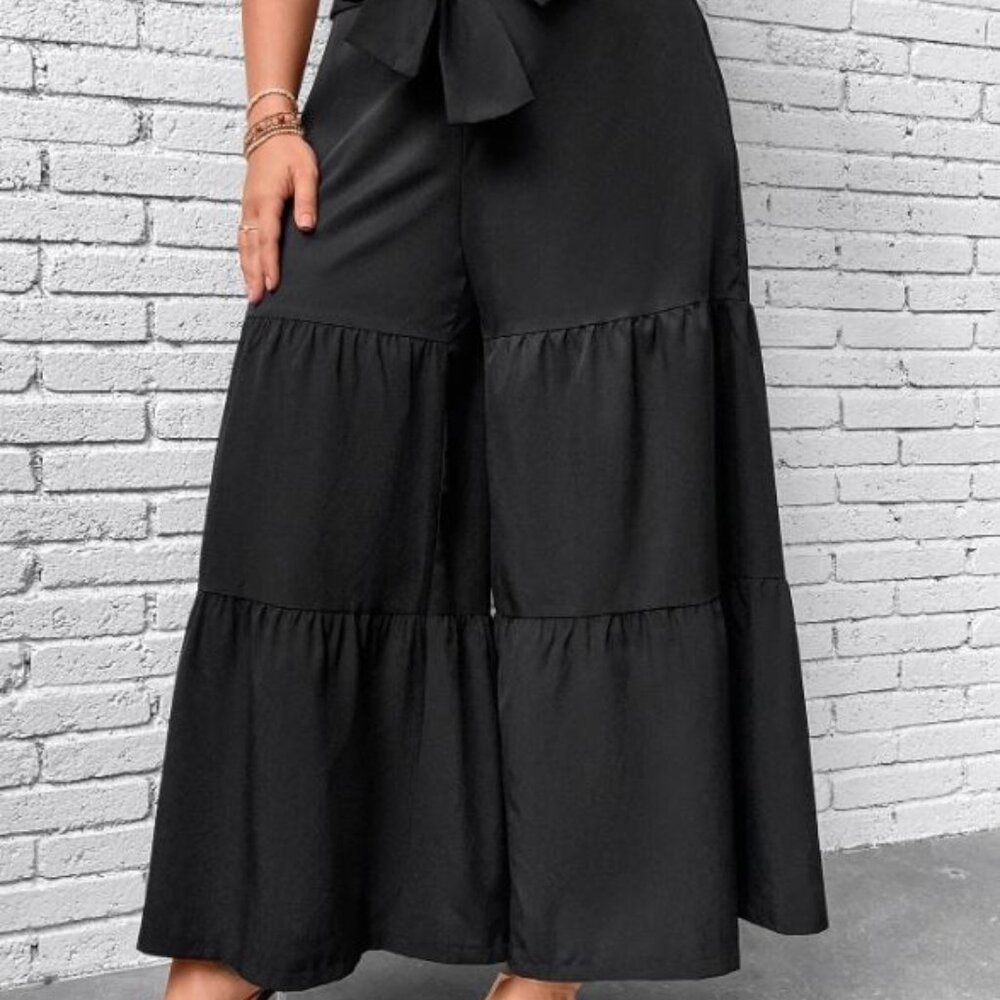 4X Plus Size Black Ruffle Hem Tie Front Wide Leg Pants - Picture 4 of 6